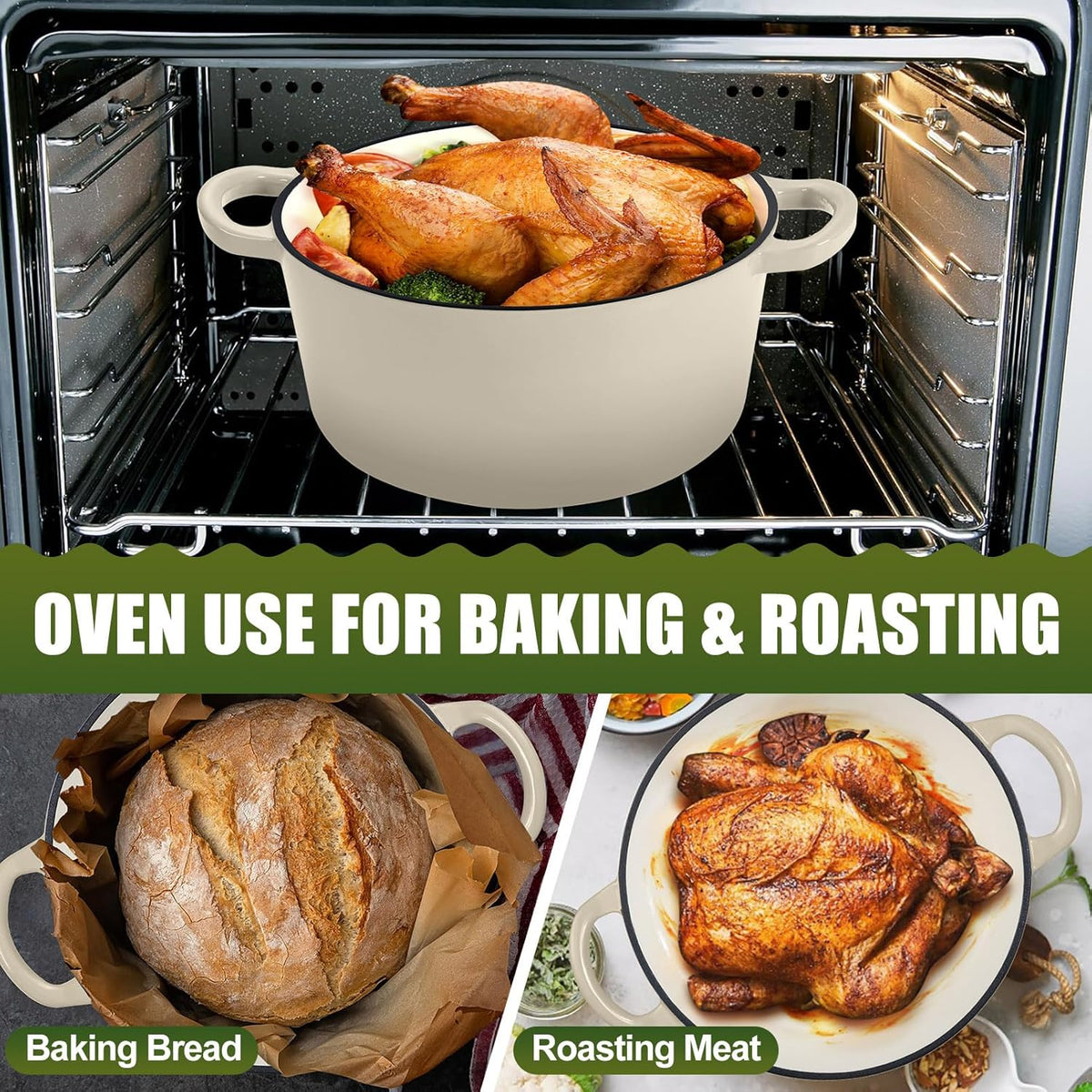 P&P CHEF 7QT Enameled Dutch Oven, Cast Iron Dutch Oven Pot with Lid for Bread Baking, Enameled Casserole Pot for Roasting Braising Stewing Frying Simmering, Various Stoves & Easy Clean, Khaki