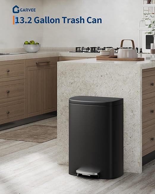 Garvee 13 gal / 50 L Metal Kitchen Trash Can with Lid, Large Rustproof Garbage Can for Kitchen, Step-on Trash Bin with Inner Bucket, Rear Handle, Soft Close Lid, Black