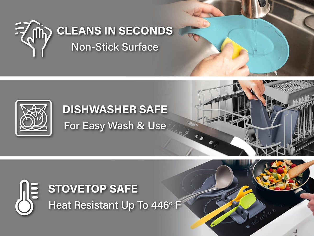 Silicone Spoon Rest for Stove Top, 2 STYLES - HEAT RESISTANT, EASY TO CLEAN Kitchen Spoon Rest for Kitchen Counter, Holds XL Utensils, Safe on GLASS & INDUCTION Cooktops, DOESN’T BREAK if Dropped