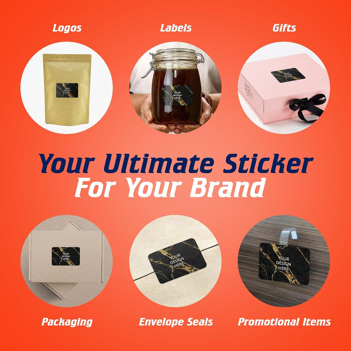 100 Custom Vinyl Stickers - Upload Your own Image, Text, Design, Logo - Personalized Logo Labels for Handmade, Packaging, Bottle, Jars, Candle, Brand Stickers (Black Gold Marble, 3x2)