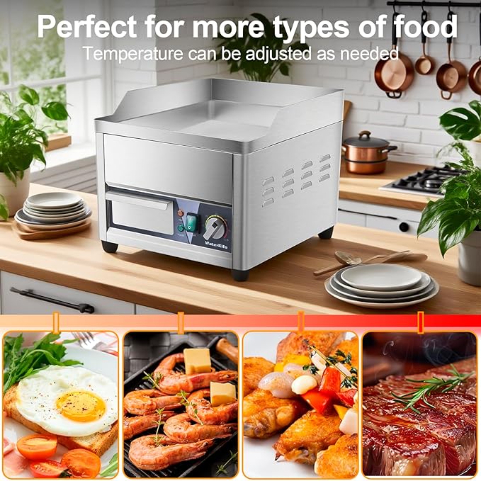 Commercial Electric Griddle with Spatulas,14",1800W Stainless Steel Countertop Flat Top Grill Indoor,122-572℉ Adjustable Temp Control 2 Shovels and Brushes 110V