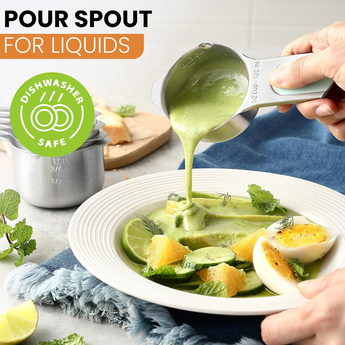 Spring Chef Magnetic Stainless Steel Measuring Cups, Patented, Kitchen Tools with Easy to Read Markings for Measuring Dry or Liquid Ingredients, Set of 7, Mint