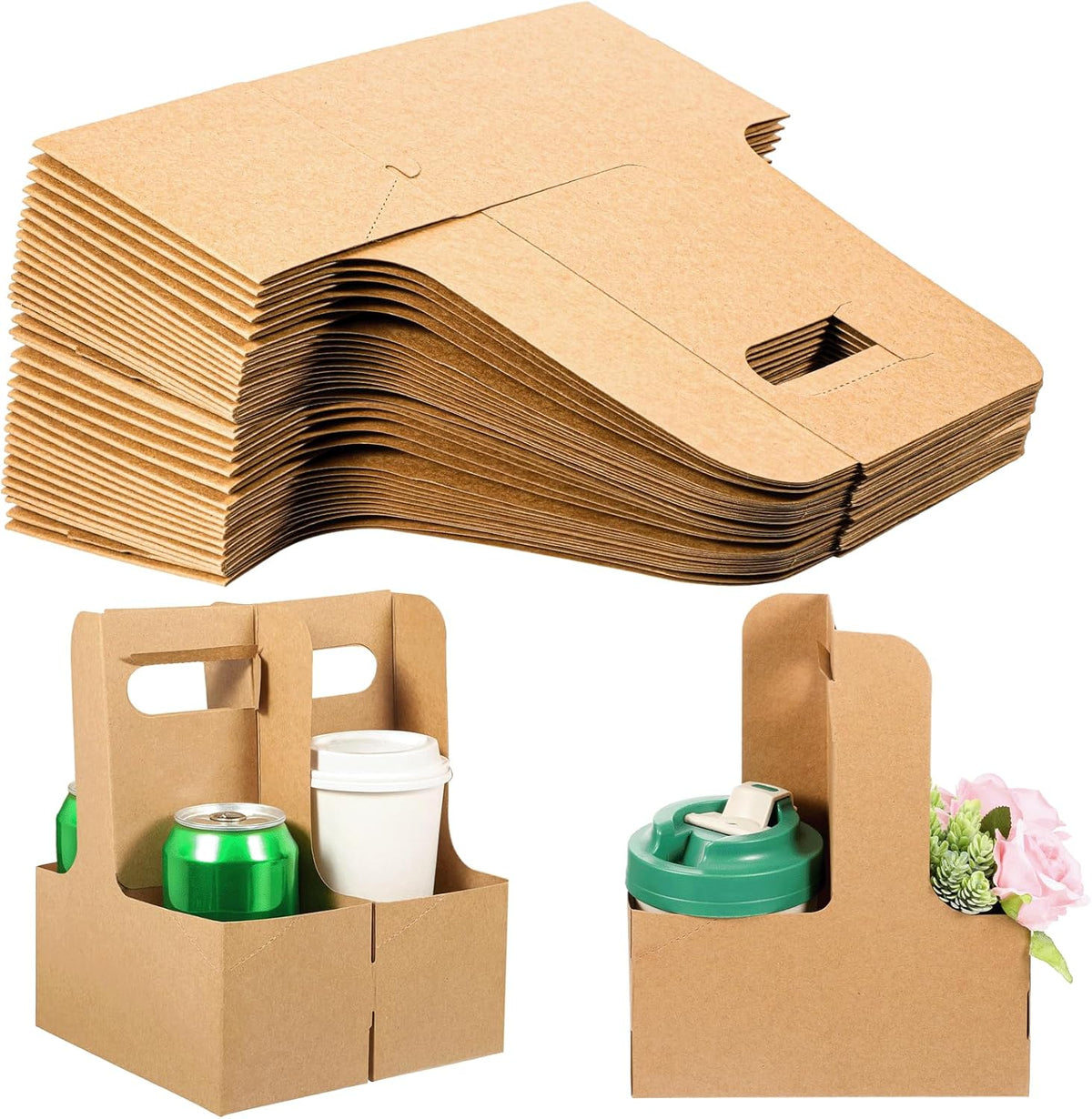 100 Pack 2-Cup/4-Cup Paper Drink Carrier with Handles, Disposable Brown Paperboard Cup Holder for Delivery Foldable Beverage Tray for Hot/Cold Drinks, Coffee to Go, Takeout