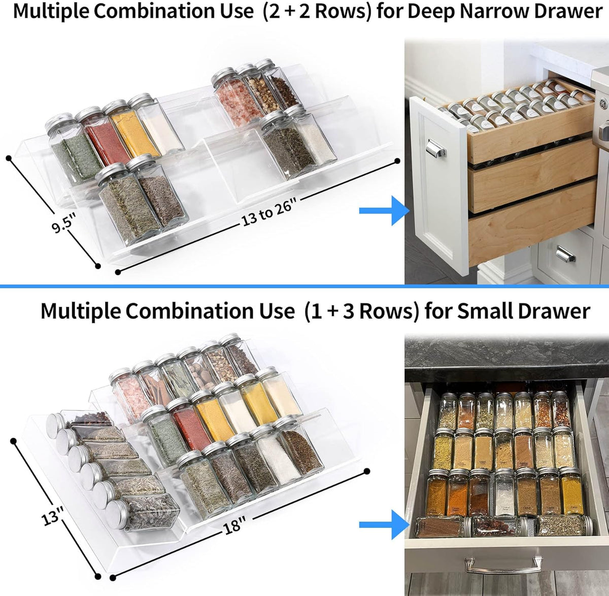 MIUKAA Clear Acrylic Spice Drawer Organizer, 4 Tier- 2 Set Expandable From 13" to 26" Drawer Seasoning Organizer, Kitchen Spice Rack Tray for Drawer/Countertop (Jars not included)