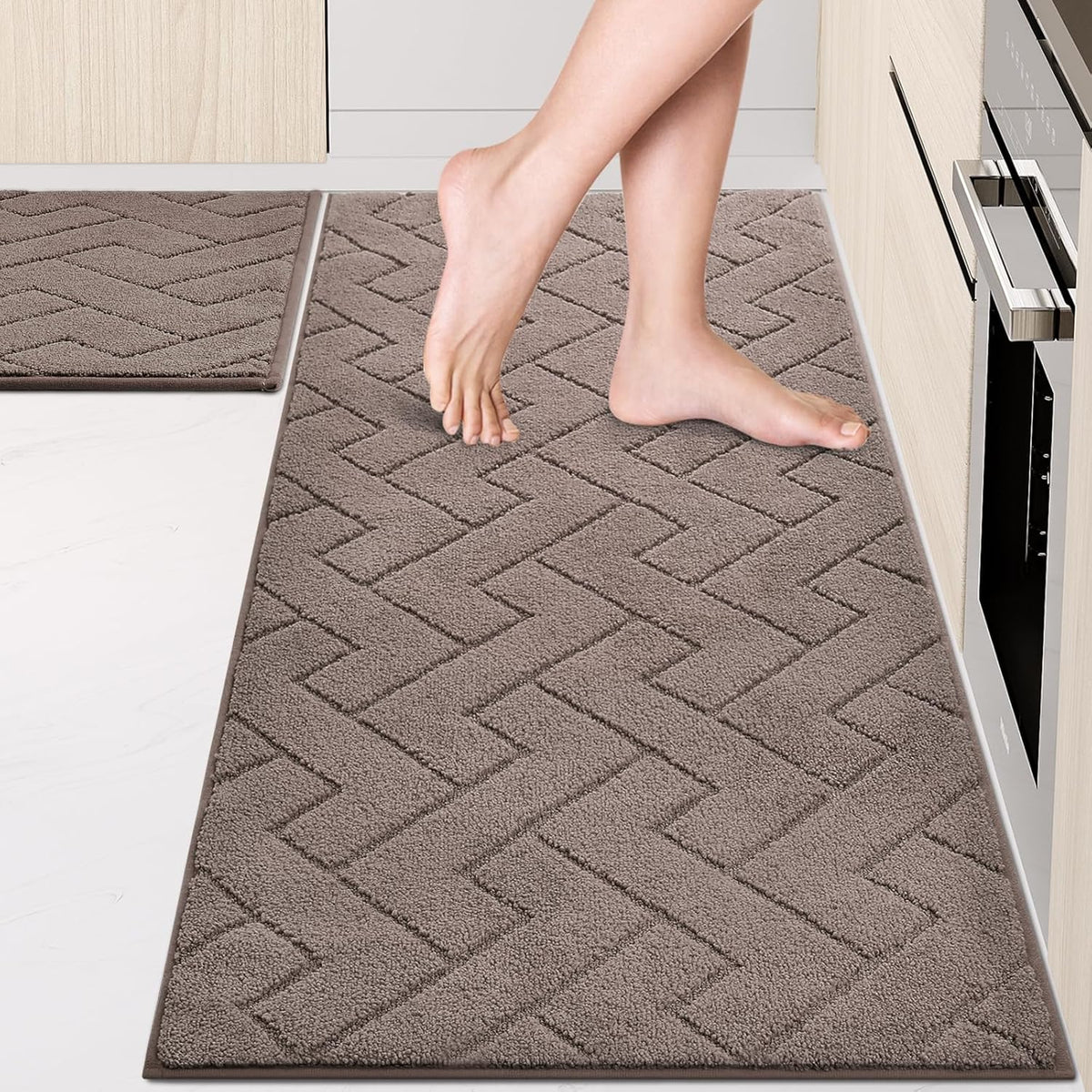Machine Washable Kitchen Rugs Set (24" x 36"+24" x 60"), Non-Slip Kitchen Runner Rugs Mats for Floor, Absorbent Comfort Standing Mats for Kitchen, Sink and Hallway, Rolled Packaging, Grayish Brown