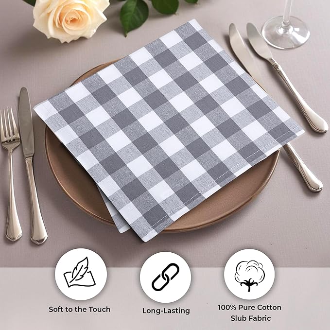 Urban Villa Cotton Dinner Napkins Set of 6, Highly Absorbent 20x20 Inches Premium Cloth Napkins Hotel Quality Reusable & Washable Table Dinner Napkins for Home & Weddings - Grey/White, Checks