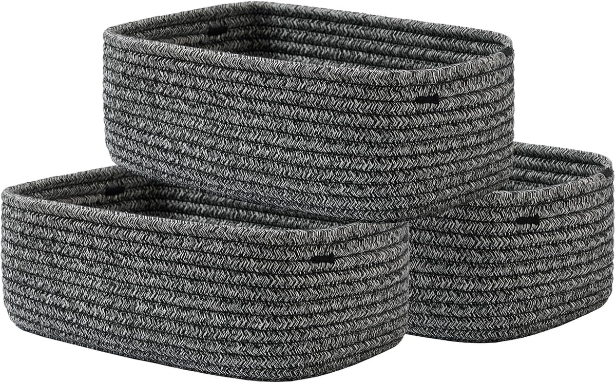 Small Woven Basket, 12 x 8 x 4.5 Inches, Storage Basket for Organizing, Cute Small Rope Shelf Closet Cube Storage Bins Baskets for Shelves, Dog Toy Gift Baskets Empty, 3 Pack Mixed Black