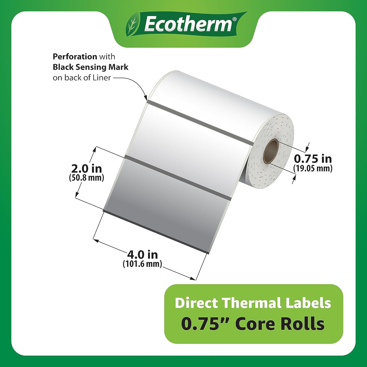 4" x 2" Mobile Printer Labels | 25 Rolls | 7500 Labels | fits Zebra ZQ630, QL420, and QLn420 Printers | Black Mark On Liner | .75" Core Rolls | by Ecotherm