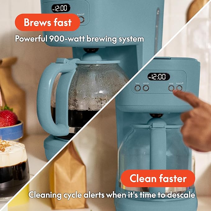 bella 12 Cup Programmable Coffee Marker, Reusable Dishwasher Safe Accessories, Easy LCD diaply, Auto Shutoff, 900 watt, Surf