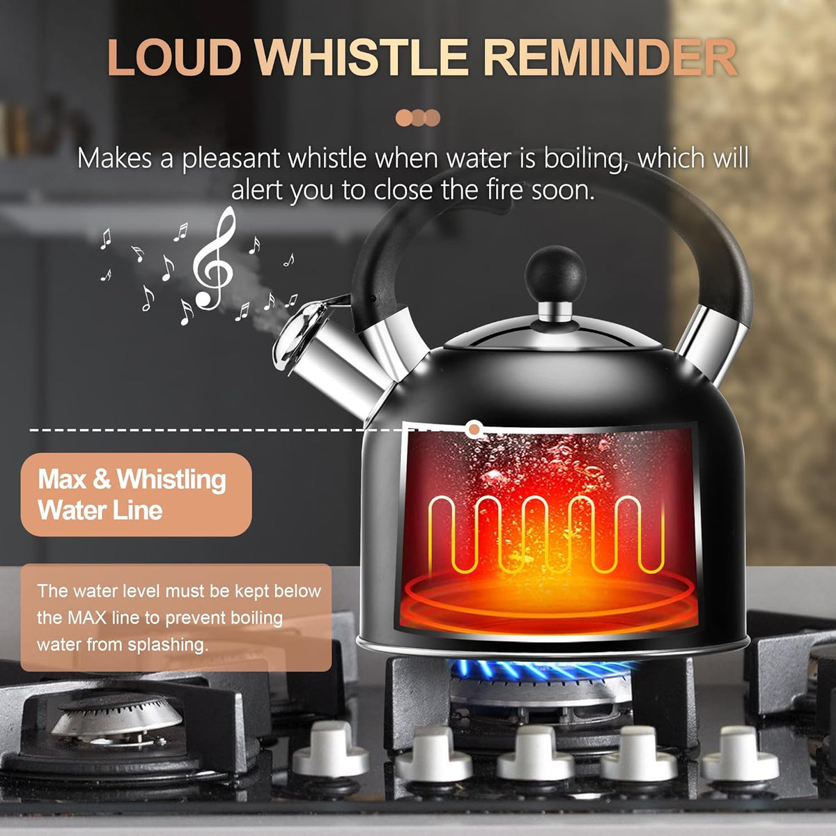 SUSTEAS Tea Kettle - 3.17QT Whistling Kettle with Ergonomic Handle - Premium Stainless Steel Tea Pots for Stove Top, Chic Vintage Teapot with Composite Base, Work for All Stovetops (Black)