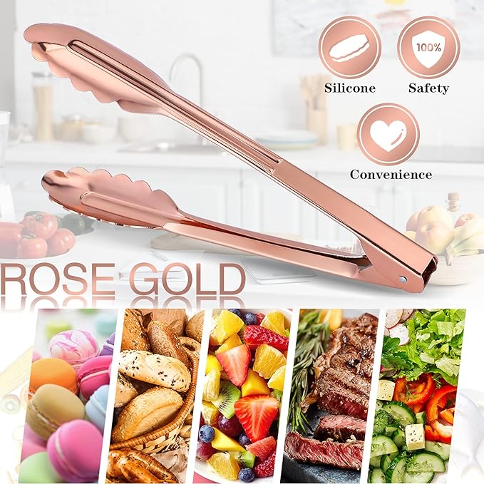 MSY BIGSUNNY 9 Inch Kitchen Food Tongs for Cooking and Serving Tongs- Aluminum - Set of 3 (pink gold)