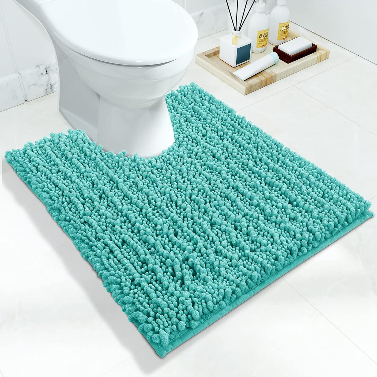 Yimobra Toilet Rug U Shaped Washable 24x20 Inch - Ultra Soft Absorbent Chenille Bath Rugs for Toilet, Quick Dry & Machine Washable, Non Slip Contour Bathroom Mat, Lake Blue