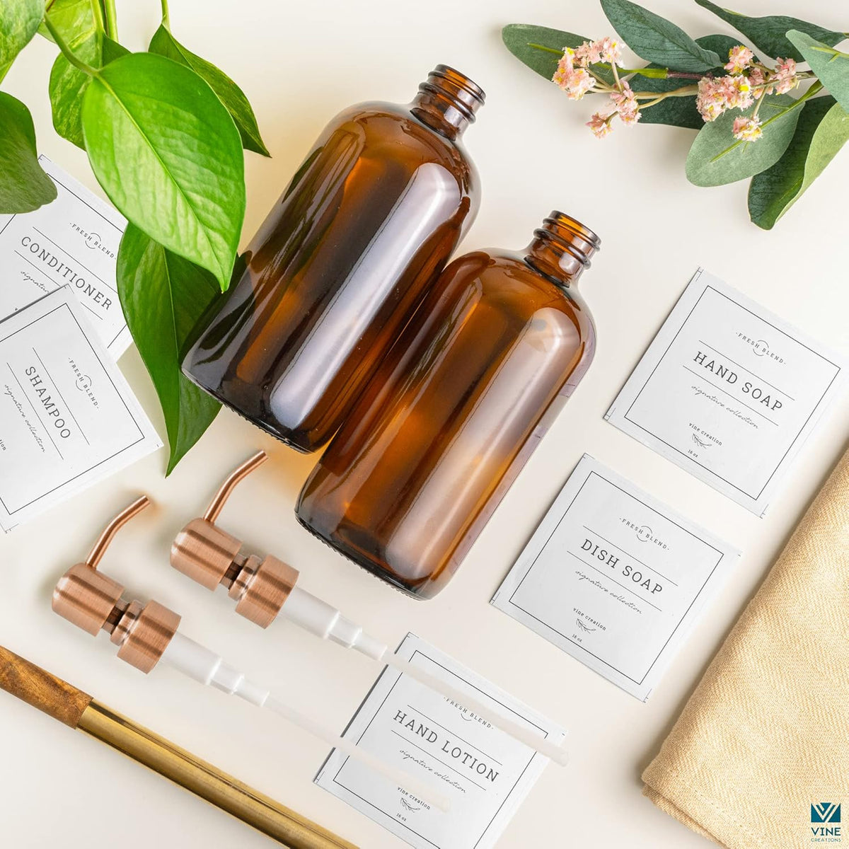 Vine Creations Amber Glass Soap Dispenser, 2 Pack Kitchen Soap Dispenser Set with Stainless Steel Pump, 16 oz Dish Soap and Hand Soap Dispensers for Bathroom with Waterproof Labels