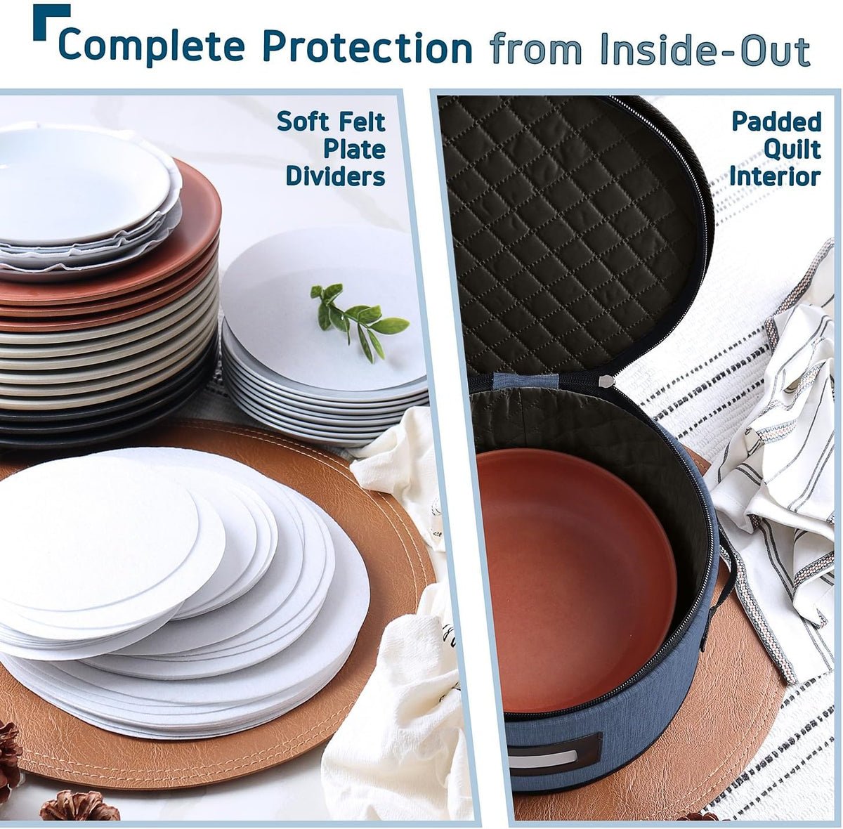Fine China Storage Containers Hard Shell, 4 Piece Dish Storage Containers, Quilted Plate Containers, Stackable Dish Organizer with Dividers, Dinnerware Storage for Moving and Seasonal Storage, Blue