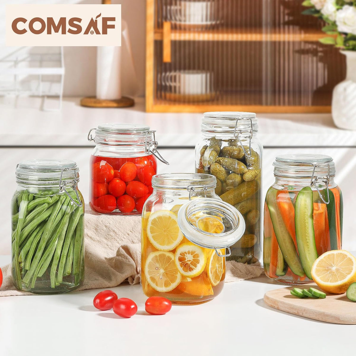ComSaf Airtight Glass Canister Set of 3 with Lids 50oz Clear Food Storage Jars Square, Kitchen & Pantry Organization Food Storage Container for Canning, Sugar, Flour, Pasta, Candy, Cereal, Coffee