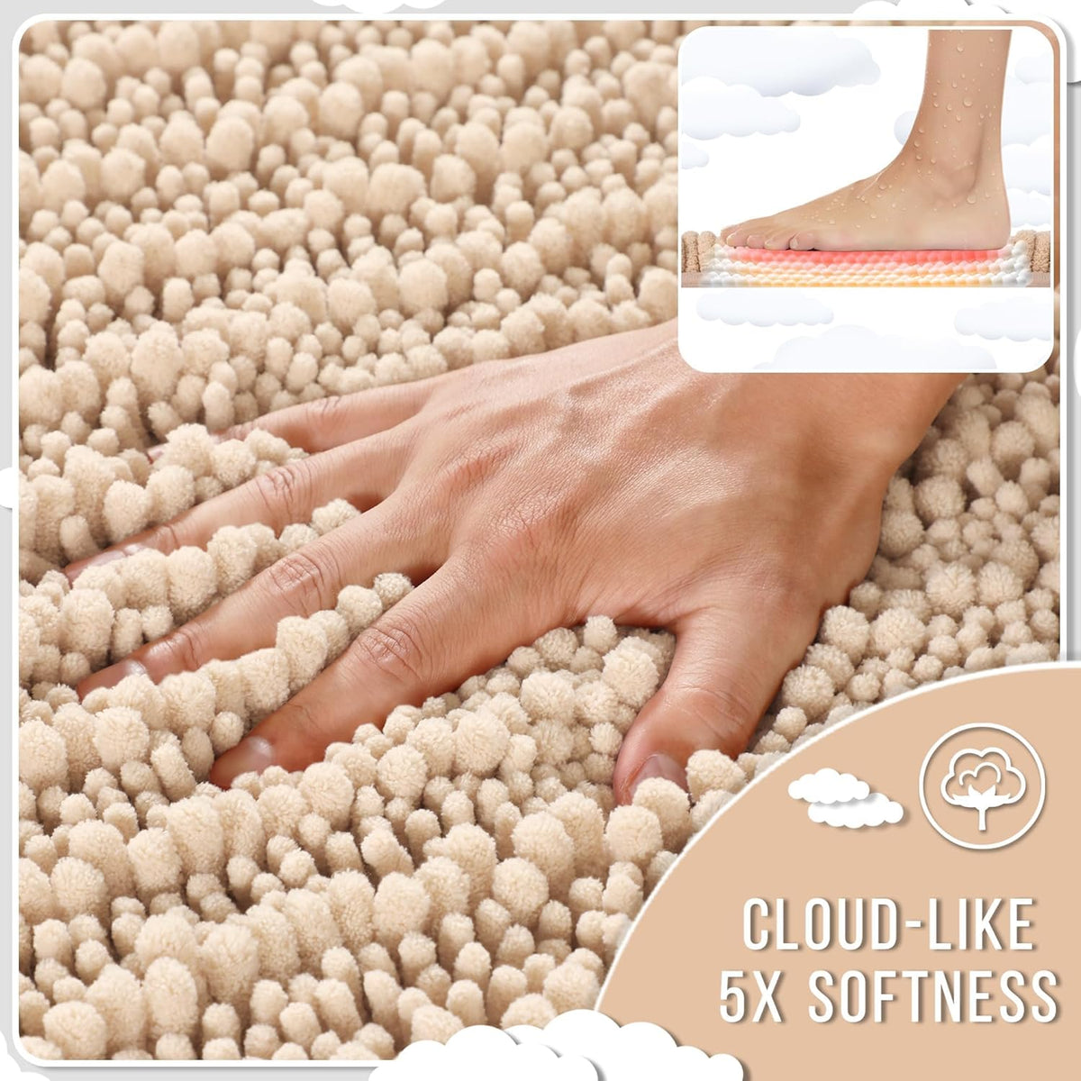 Yimobra Bathroom Rugs Non Slip Washable 24x17 Inch - Ultra Soft Absorbent Chenille Bath Mat, Quick Dry Shaggy Floor Carpet for Tub Shower, Light Brown Home Decor Accessories