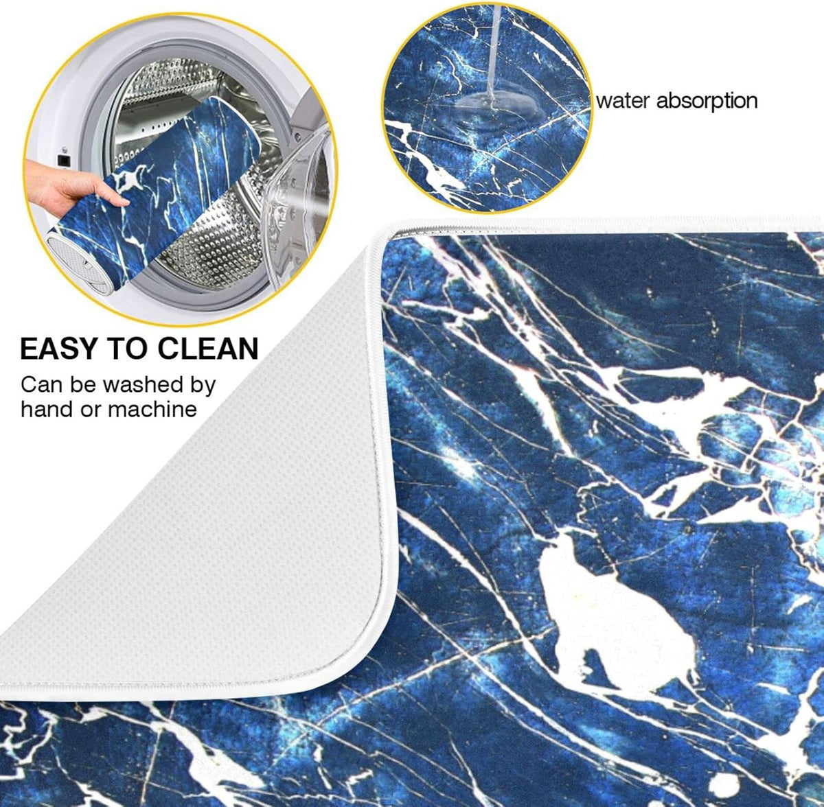 Super Absorbent Dish Drying Mat, Microfiber Fast-Drying Dish Mat, 24" x 18", Kitchen Dish Drying Pad, Marble Black Navy Blue