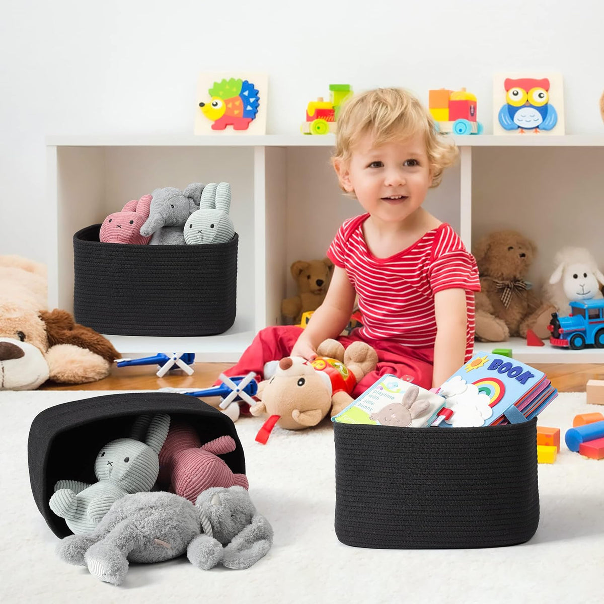 Cotton Rope storage Basket Bins 14.5X9.5X9.3“ Woven Basket for Organizing Shelves Rectangle Decorative Baskets For storage Clothes Toys Books Towels Square Wicker Nursery basket organizer 3 pack black