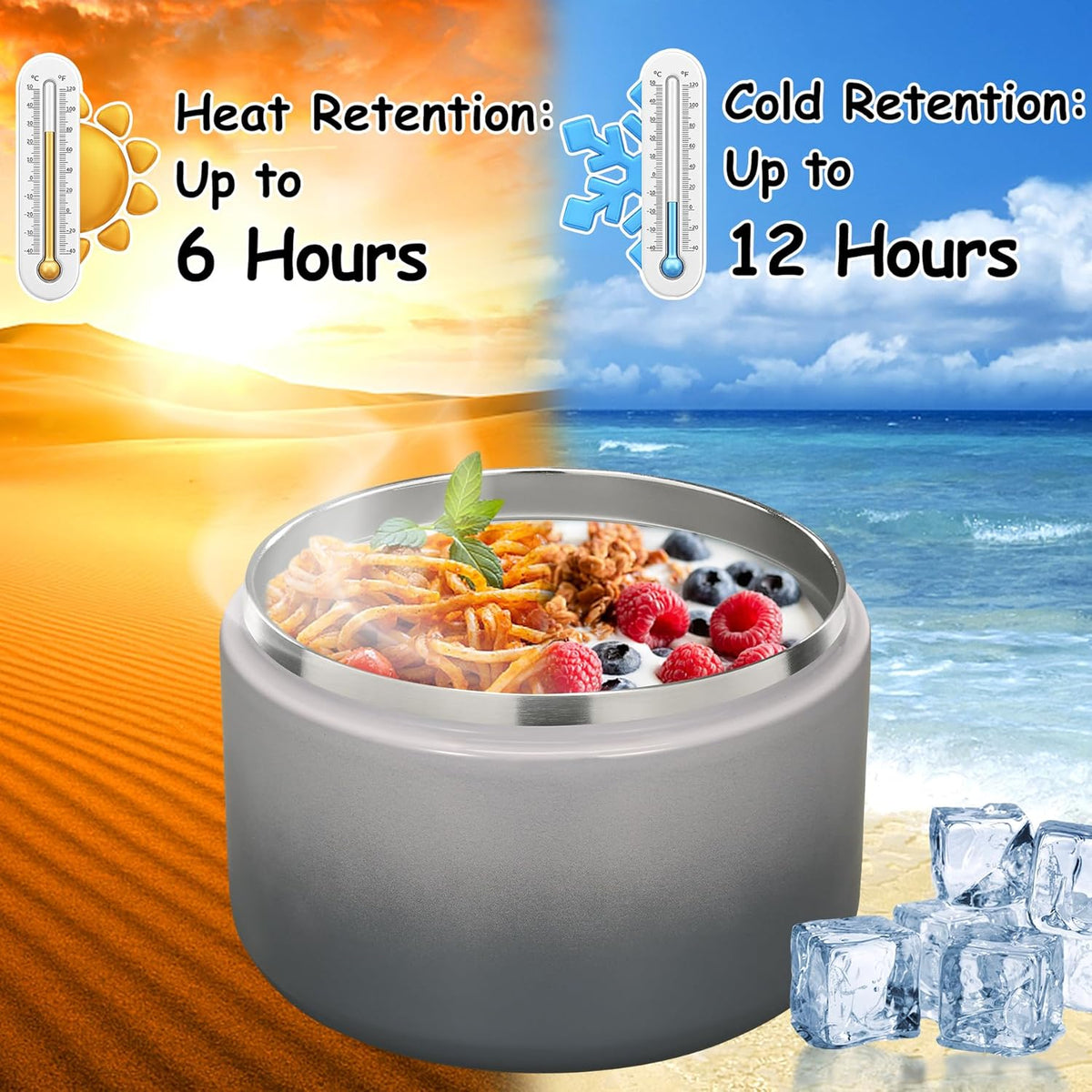 12oz Insulated Vacuum Food Jar with Buckle Lid Wide Mouth Soup Thermo for Hot Food Kids Leakproof Stainless Steel Lunch Container (Gradient Grey, 12OZ)