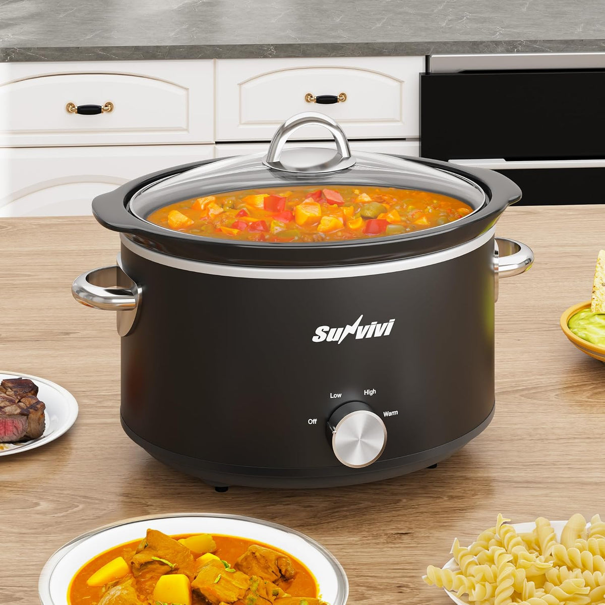 Sunvivi Small Slow Cooker 4QT, Mini Food Warmer with 3 Heating Settings, Removable Ceramic Pot, Dishwasher Safe Glass Lid, Stainless Steel, Black
