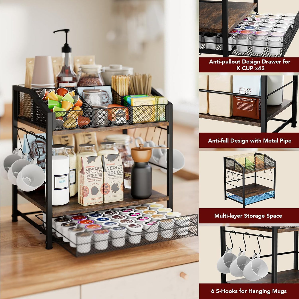 Coffee Bar Organizer - Countertop Coffee Station, 42 K Cup holder Storage Basket with Drawer and Hooks for Syrup, Cups, Stirrer, Condiment, Tea Organizer, Black and Brown