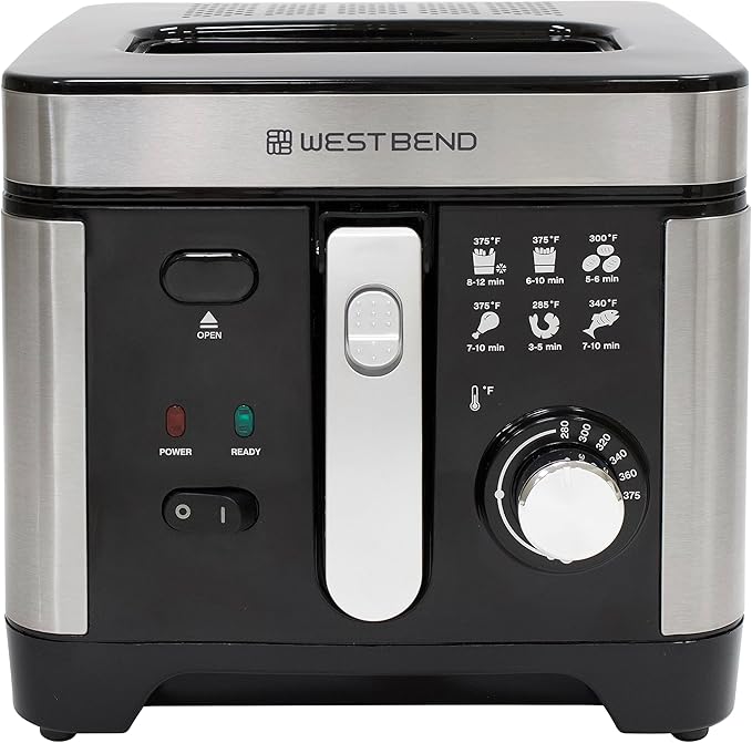 West Bend Deep Fryer with Adjustable Temperature Control Nonstick Basket Easy-View Window and Temperature Guide, Folding Handle and Locking Cover for Easy Storage, 3-Liter, Silver