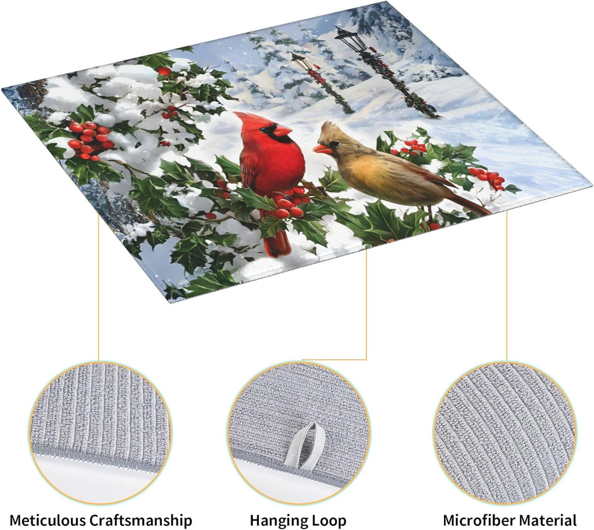 Winter Cardinal Birds Dish Drying Mat for Kitchen Counter Washable Dish Drying Racks Absorbent Reversible Microfiber Dishes Drying Pad Christmas Kitchen Accessories or Decor 16"x18"