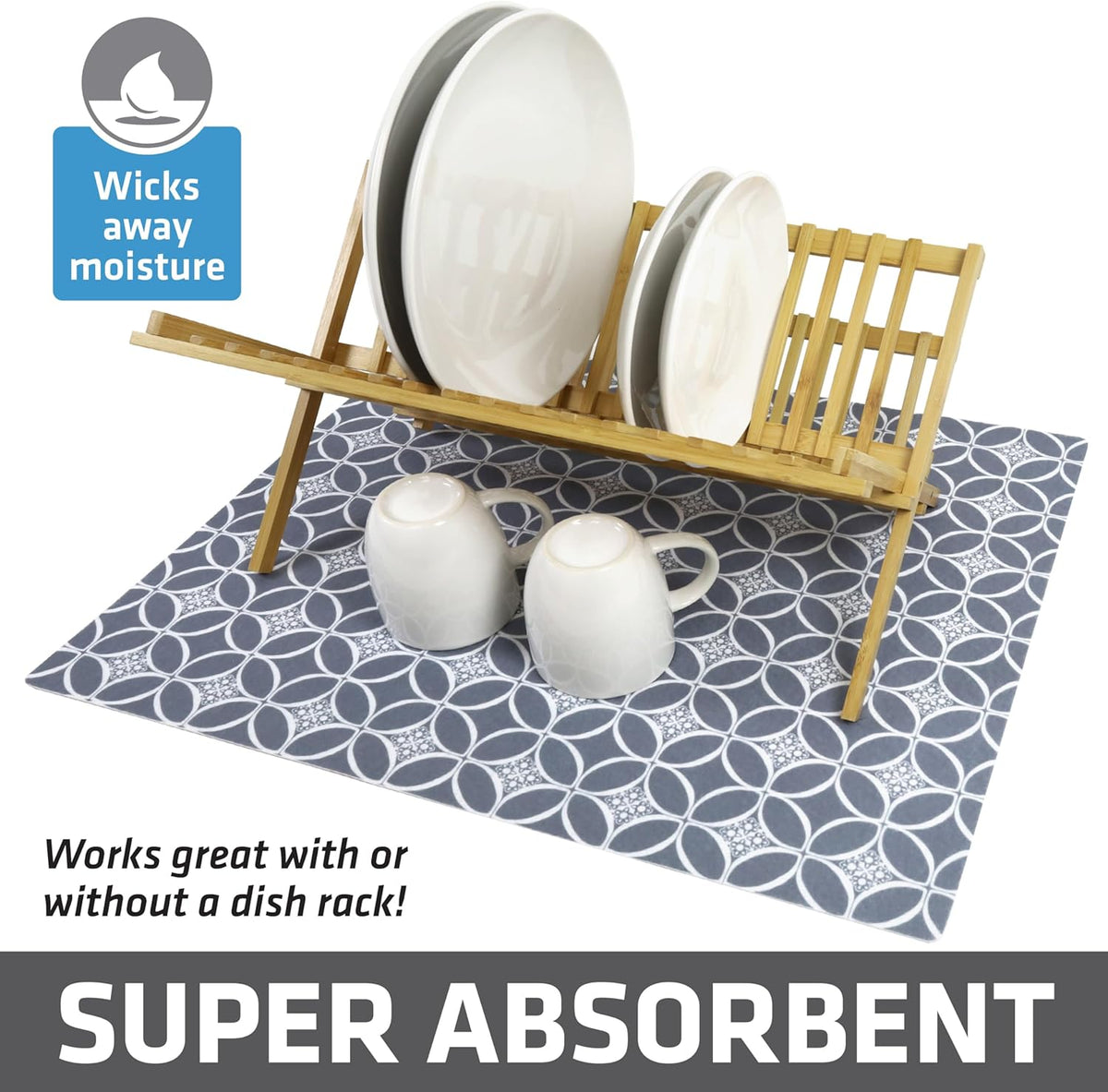 Drymate XL Dish Drying Mat, Oversized (19”x24”), Low-Profile, Super Absorbent, Quick Dry Fabric, Waterproof & Slip-Resistant, for Kitchen Counter, Trimmable, Easy to Clean (USA Made)(Indigo Grey)