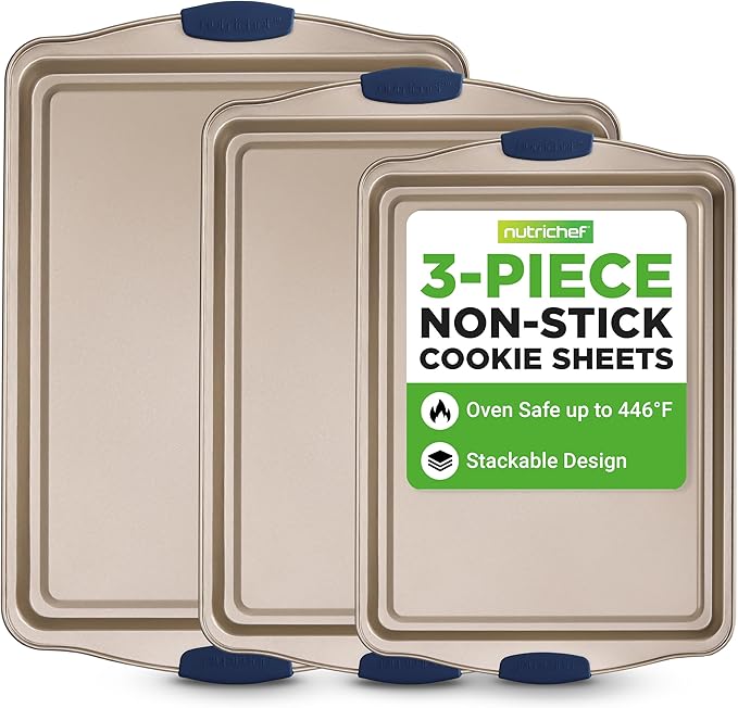 NutriChef Nonstick Baking Pans Set - Carbon Steel Bakeware with Blue Silicone Handles, Even Heat Distribution, Durable & Reliable 3-Piece Cookie Sheet Set in Small, Medium, Large Sizes (Gold)