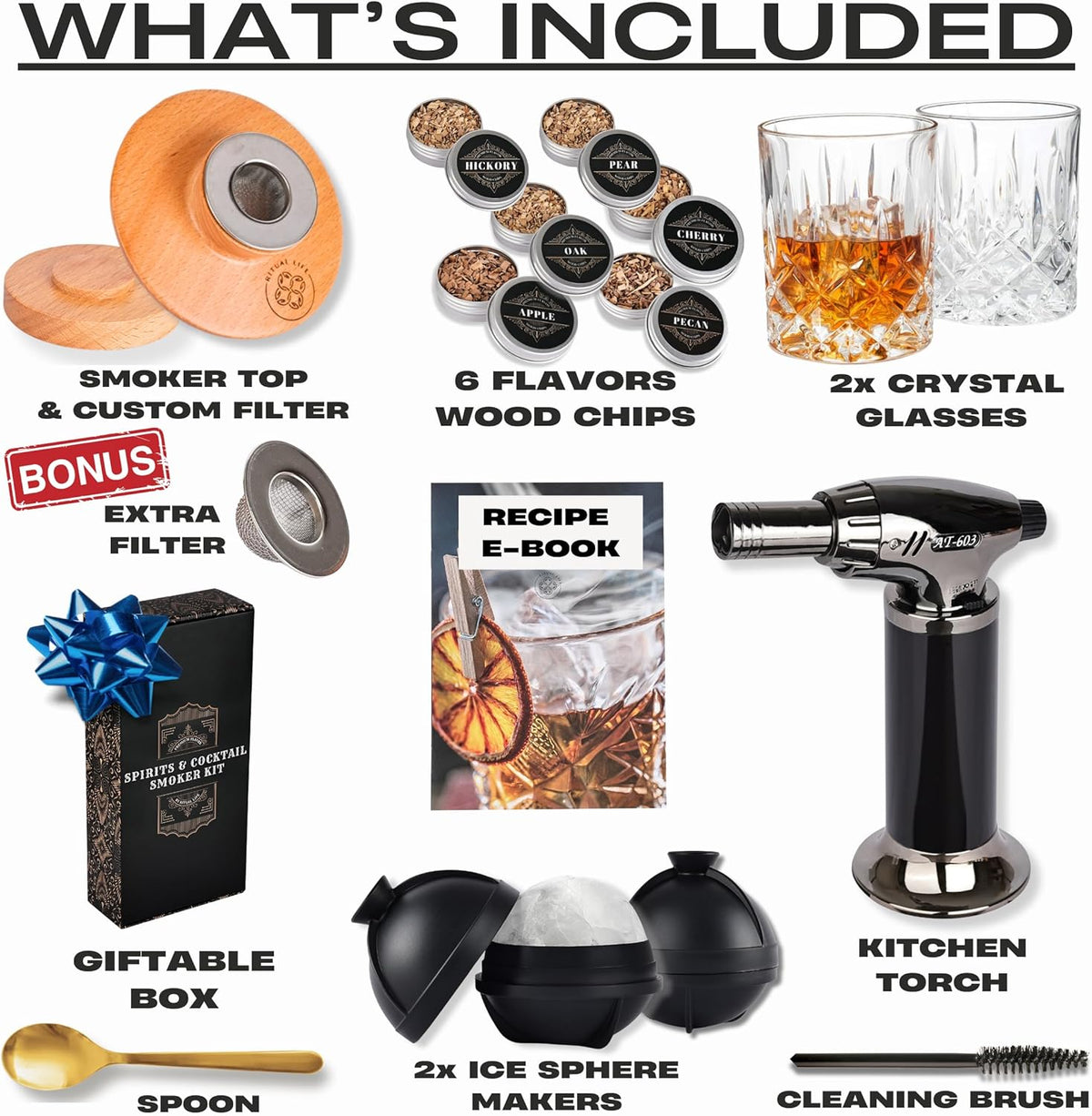 Whiskey Smoker Kit - Cocktail Smoker Kit with Torch, 2 Whiskey Glasses, 2 Ice Ball Makers, 6 Flavors Wood Chips - Old Fashioned Smokers - Bourbon Drink Smoking Set - Whiskey Accessories Gifts for Men