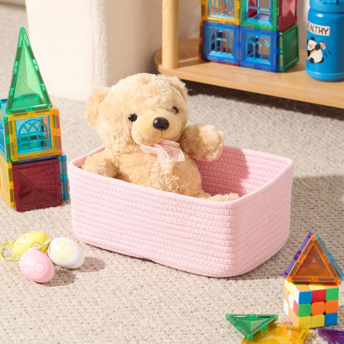 Small Storage Baskets for Organizing | Closet Organizer Bins | Shelf Toy Basket | Woven Rope Baskets | Cube Decorative Box | Shallow Basket | 11.5x7.5x4.7” | 3 Packs Pink
