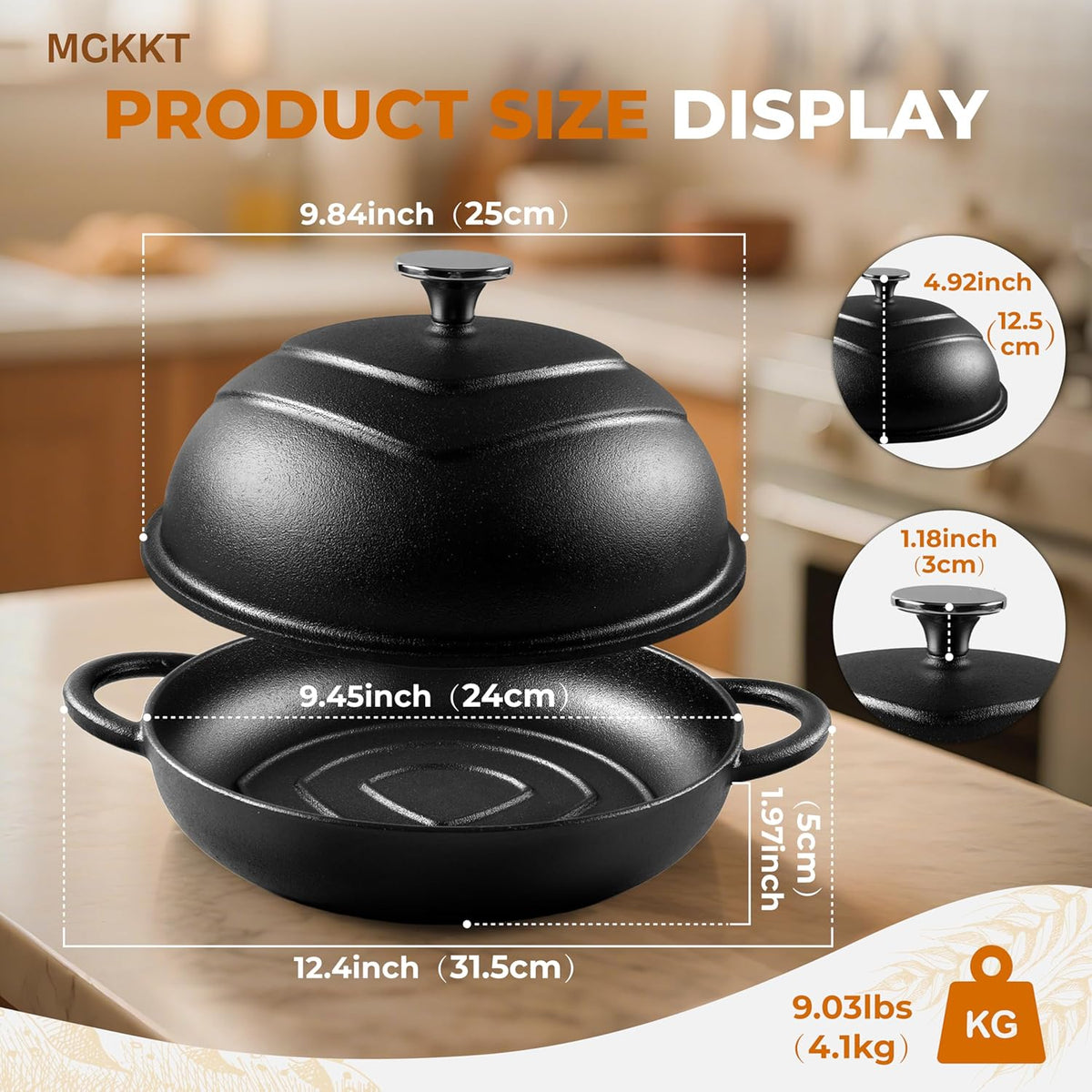 MGKKT Enamelled Cast Iron Dutch Oven with Cloche Lid, 5QT Round Bread Pot for Sourdough Bread Baking, Baking Enthusiast Gift, Cast Iron Bread Oven, Black