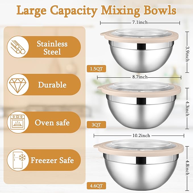 LIANYU Mixing Bowls with Visible Airtight Lids, 3Pcs Stainless Steel Large Metal Nesting Kitchen Bowls Set, 4.6 & 3 & 1.5QT Size Ideal for Mixing, Baking, Serving, Dishwasher & Freezer Safe, Khaki