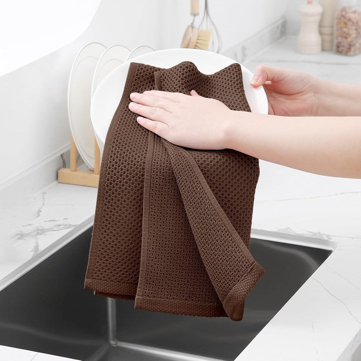 Homaxy 100% Cotton Waffle Weave Kitchen Dish Towels, Ultra Soft Absorbent Quick Drying Cleaning Towel, 13 x 28 Inches, 12-Pack, Coffee