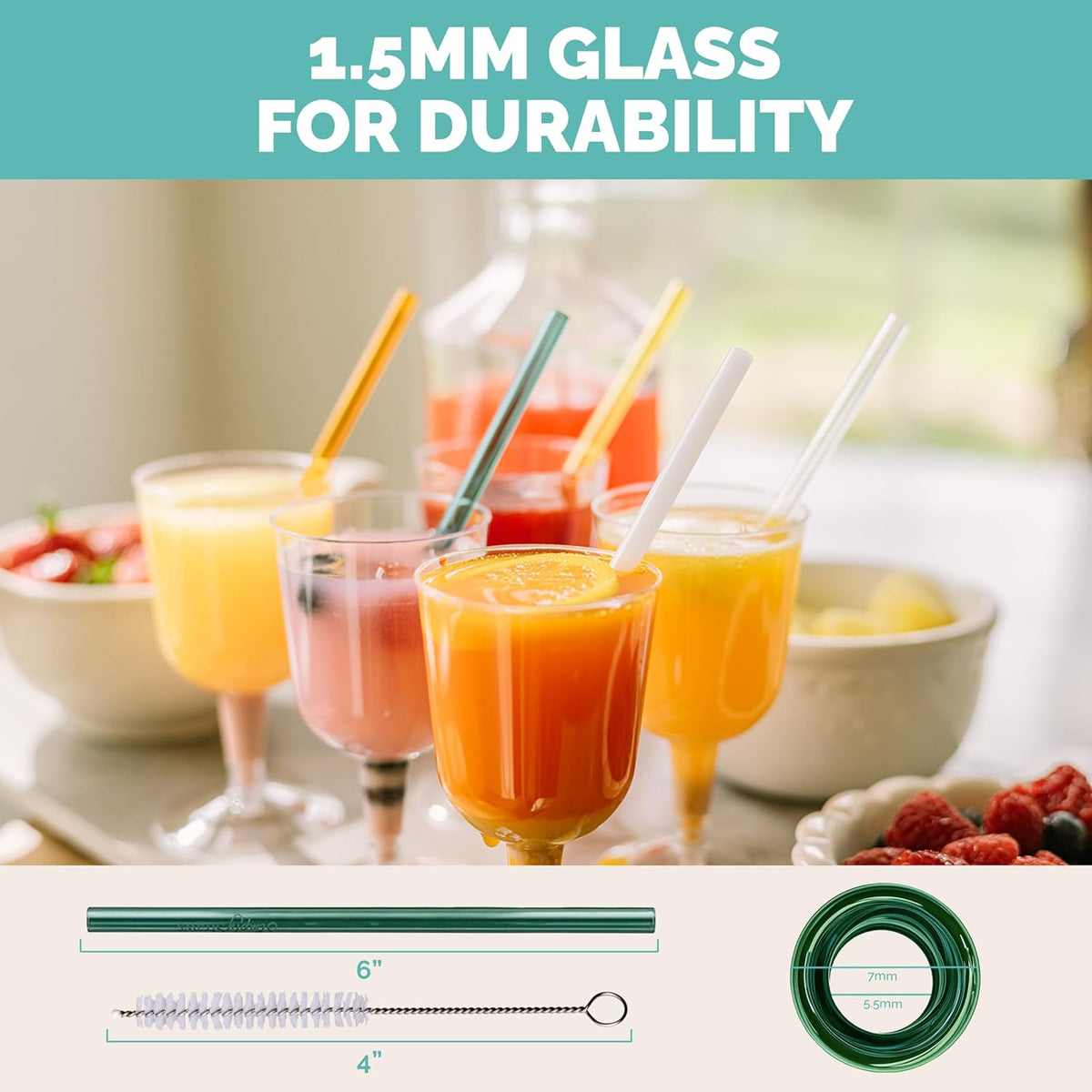 Simply Straws 6 Inch Skinny Glass Straws (6-Pack) - Reusable Cocktail Straws for Mixed Drinks, Low Balls, Coffee & Tea, with Cleaning Brush – Dishwasher Safe, Hot & Cold Use, BPA-Free (Fjord Mist)