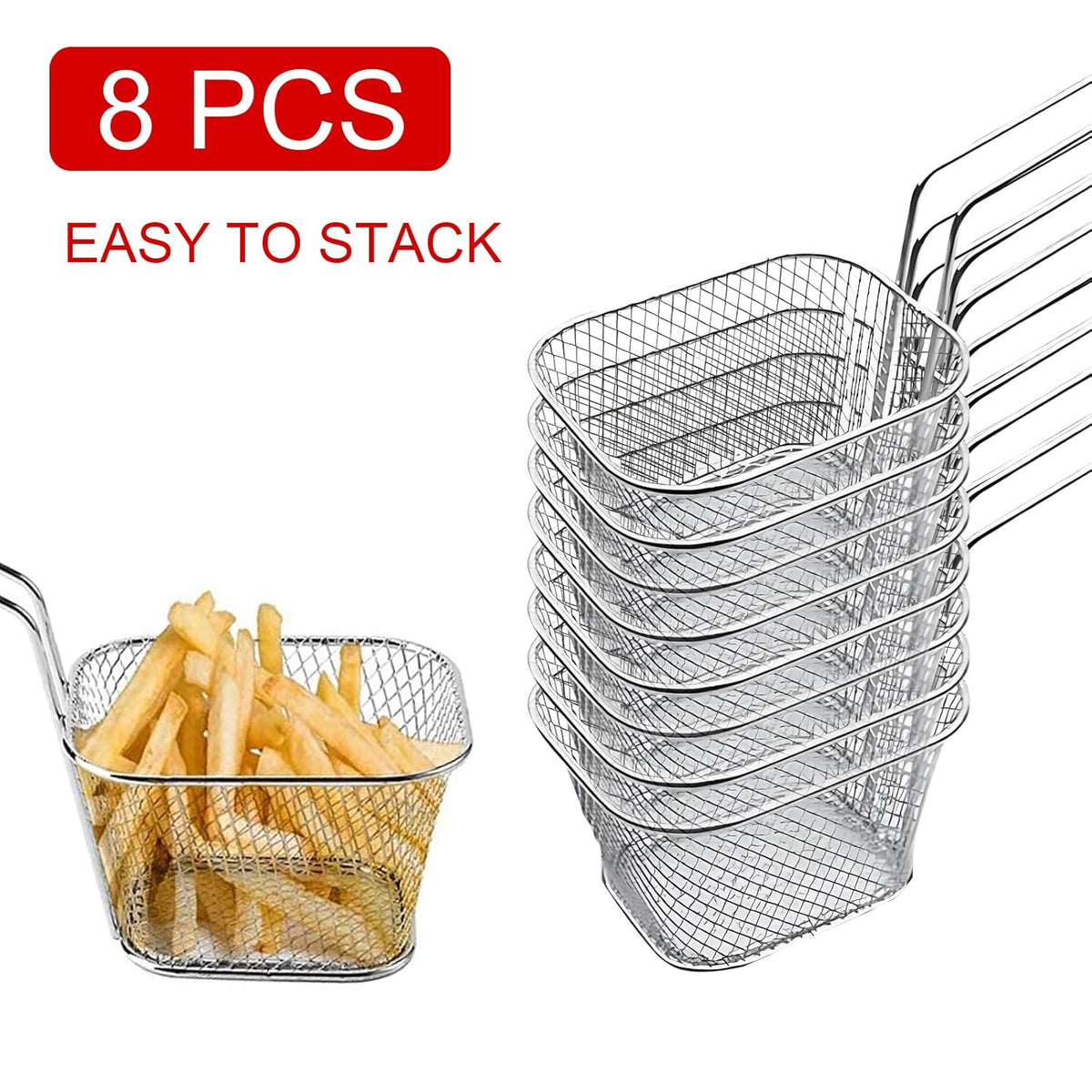 8 Pcs Mini Square Fry Baskets, 4.13×3.3×2.5inch Stainless Steel Fry Basket with Handle Steel French Fry Chip Basket French Fries Desk Food Presentation Mesh Basket Kitchen Cooking Tool