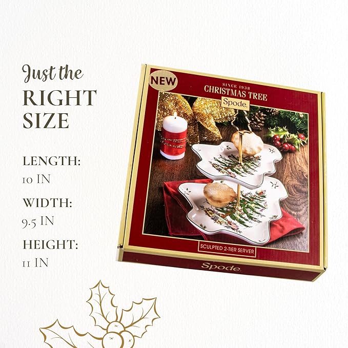Spode Christmas Tree 2-Tiered Server, Tree-Shaped - Holiday Cupcake Stand, Dessert Display Set, Porcelain Serving Platter, 10" & 8" Plates, Dishwasher Safe Serveware for Appetizers, Desserts, Cookies