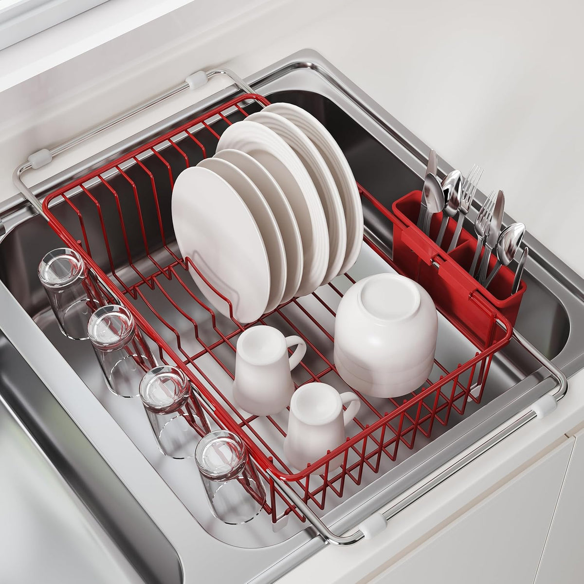 JASIWAY Dish Drying Rack in Sink, Red Dish Dryer Racks Over Sink, Dishes Drainers for Kitchen Sink, Stainless Steel Plates Drying Rack with Utensil Holder & Cups Holder