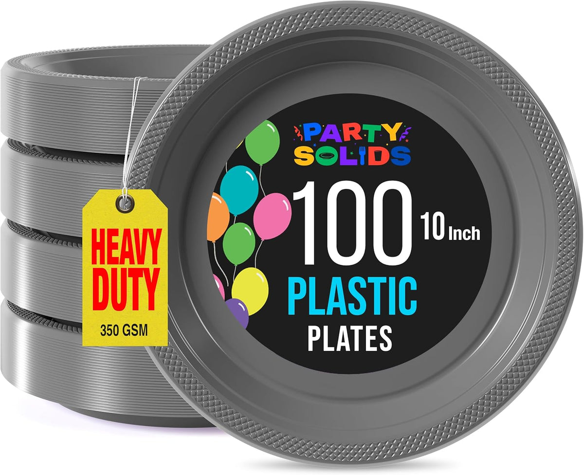 Exquisite Party Solids Silver Plastic Plates For Party 10" Silver Disposable Plates Heavy Duty Supplies 100 Pcs Plastic Dinnerware Sets Heavy Duty 350 GSM Disposable Dinnerware Set