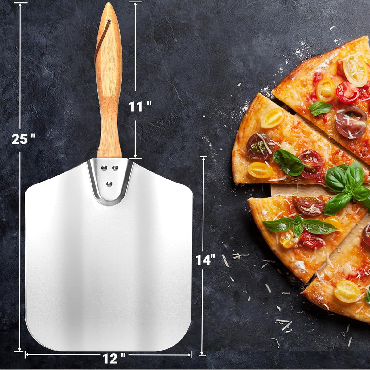 Skyflame Kitchen Supply Aluminum Pizza Peel with Wooden Handle 12 Inch x 14 Inch, Pizza Paddle for Baking Homemade Pizza Bread