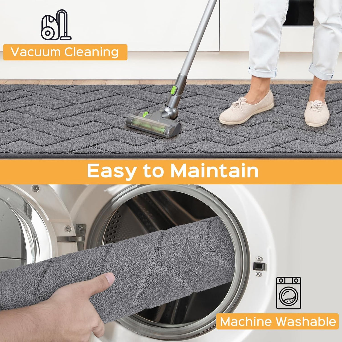Machine Washable Kitchen Rugs 24" x 36", Non-Slip Kitchen Runner Rugs Mats for Floor, Absorbent Comfort Standing Mats for Kitchen, Sink, Laundry and Hallway, Grey