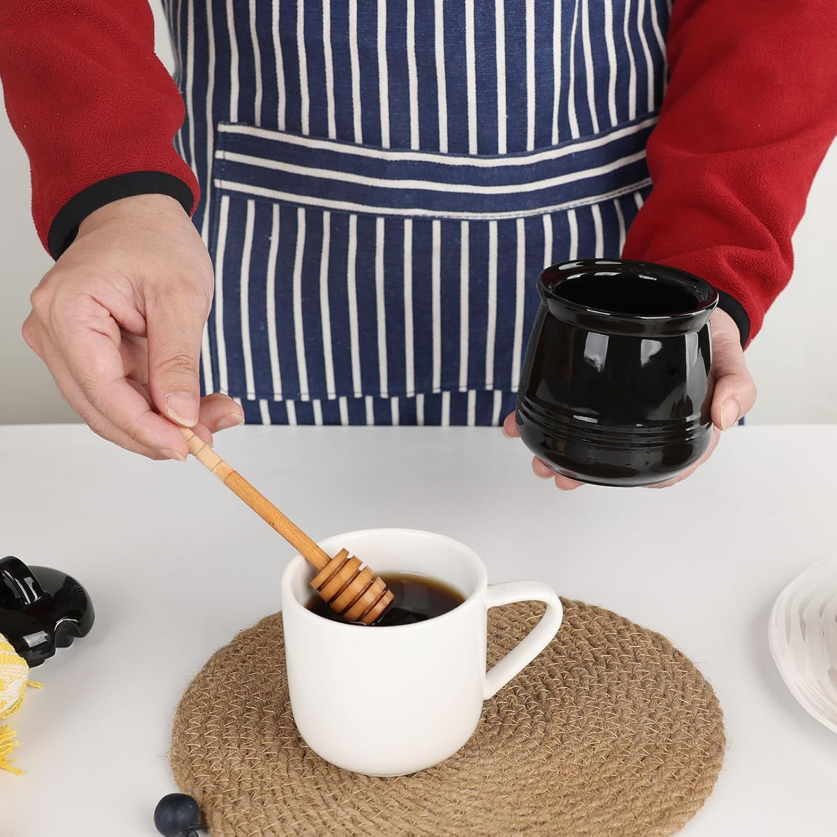 HAOTOP Ceramic Honey pot with Lid and Honey Dipper,Porcelain Honey Jar Easy to Clean and Dishwasher Safe,12oz (Black)