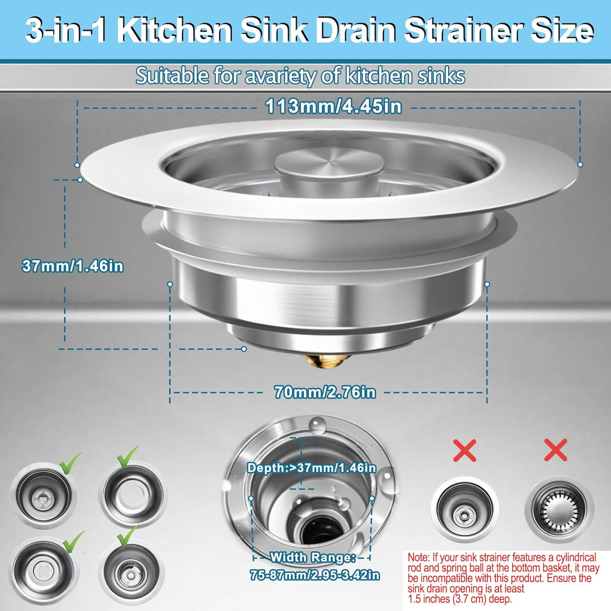 3-in-1 Kitchen Sink Drain Strainer & Stopper, Stainless Steel Food Catcher Plug with Filter Basket, Fits 3-1/2 Inch Drain Hole, Universal Sink Protector Cover, Anti-Clogging, Silver