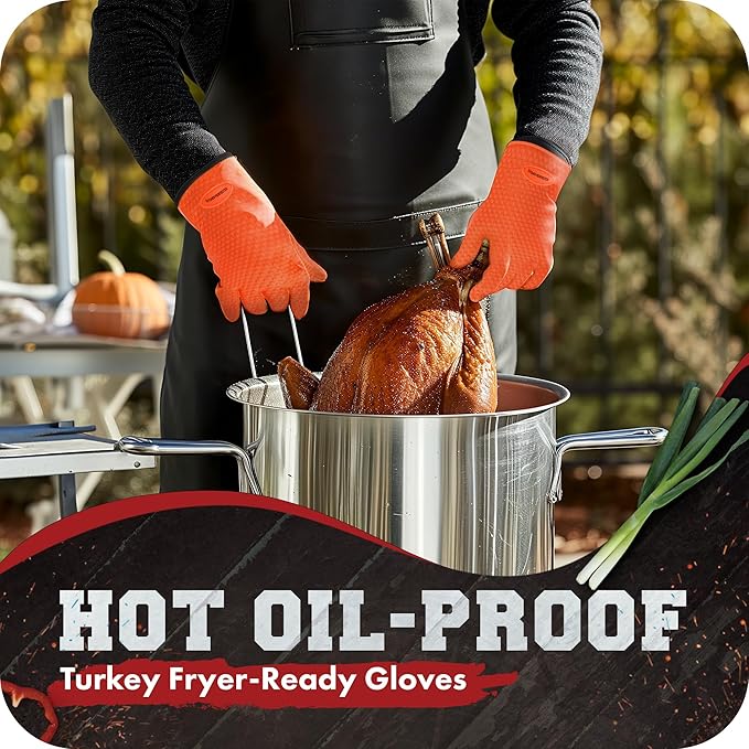 KITCHEN PERFECTION XL Silicone Smoker Oven Gloves-Extreme Heat Resistant BBQ Gloves-Handle Hot Food Right on Your Grill Fryer&Pit|Waterproof Grilling Cooking Baking Mitts|Superior Value Set+3 Bonuses