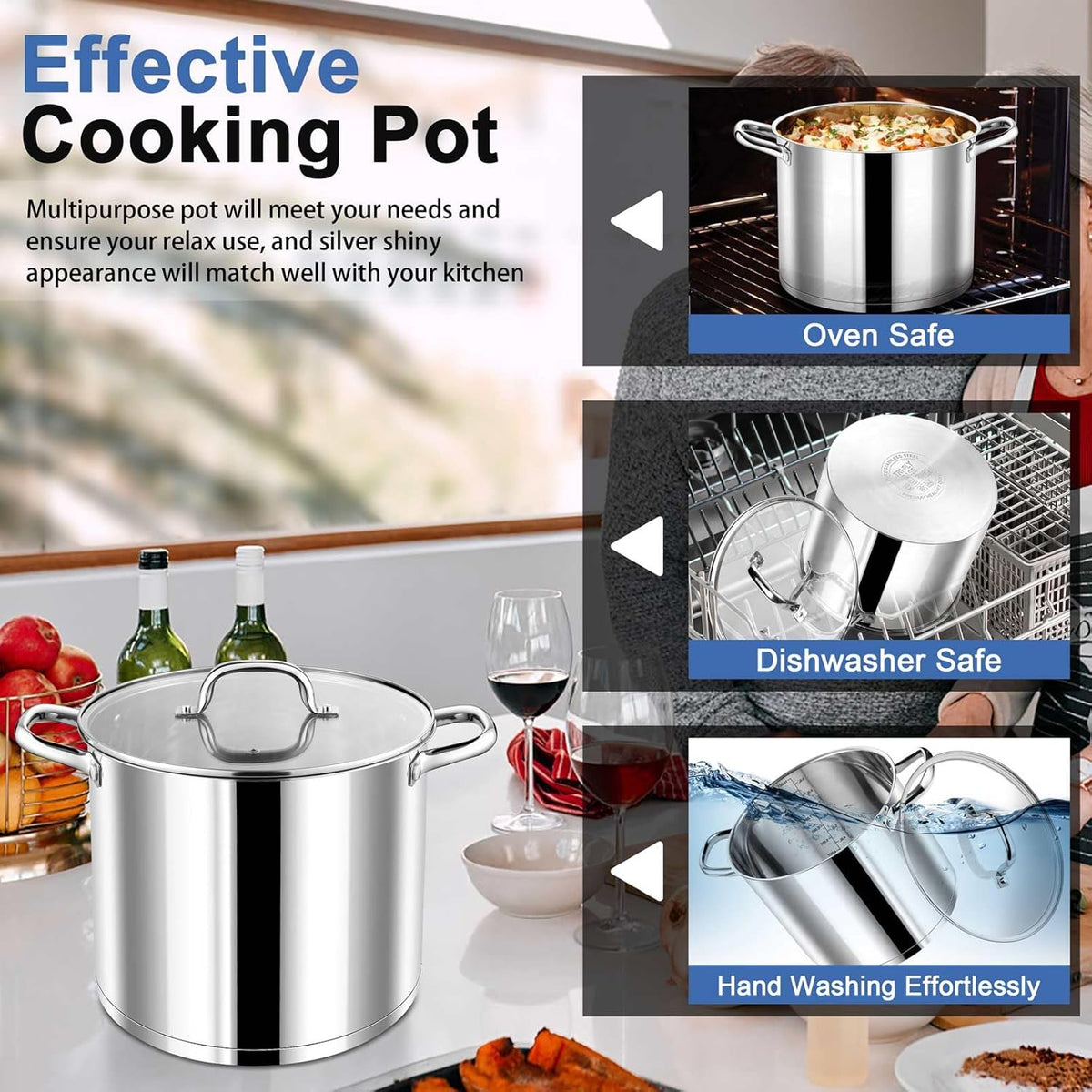 P&P CHEF 12 Quarts Cooking Stock Pot with Lid, Stainless Steel Stockpot Induction Pot for Soup, Tri-Ply Bottom & Clear Glass Lid & Double Handle, Dishwasher Safe
