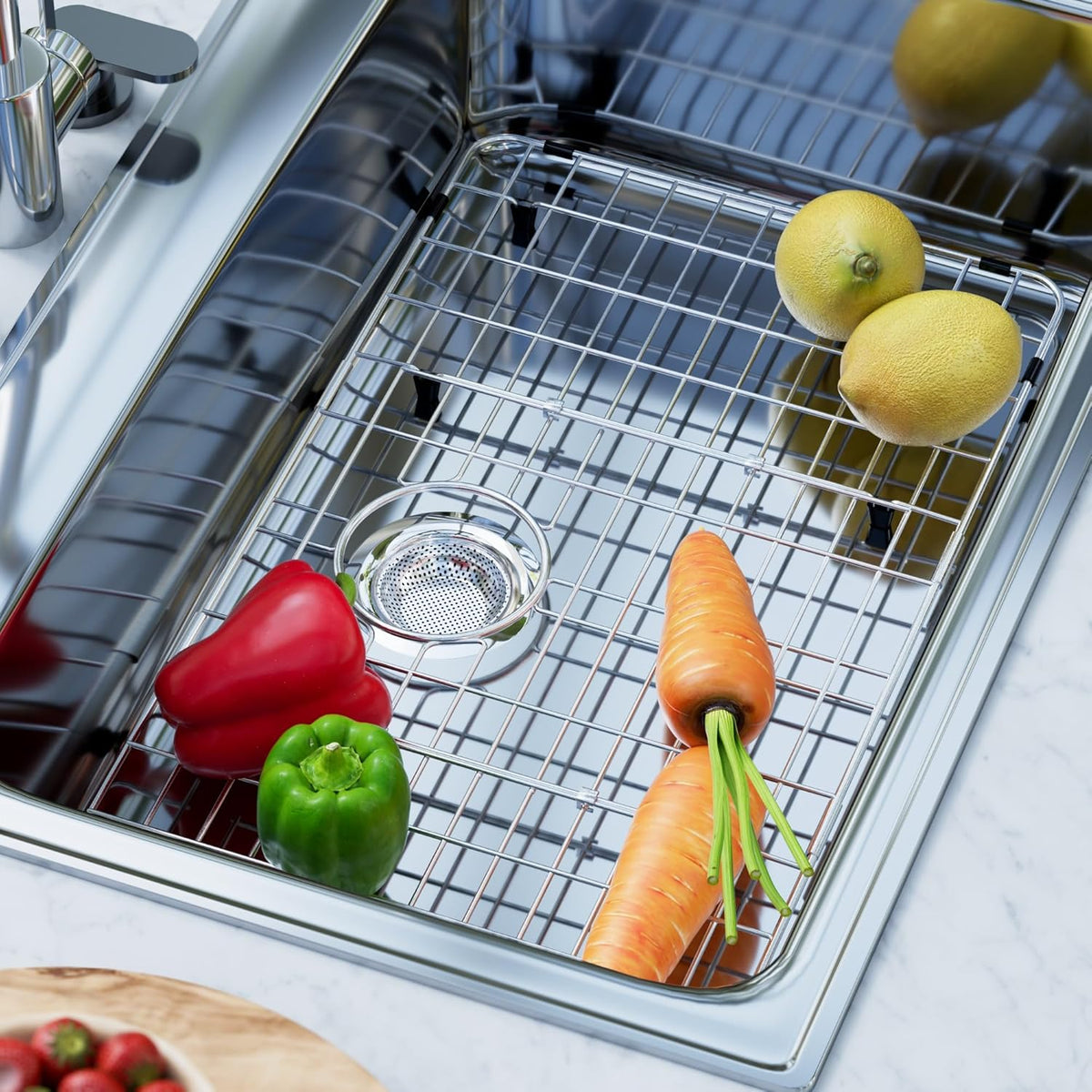 iPEGTOP Sink Bottom Grid, 3-Piece Stainless Steel Sink Protector 27-9/16" x 14-9/16" with Rear Drain Hole, Sink Grate Sink Rack for Bottom of Kitchen Sink Single Sink Bowl with Sink Hole Cover