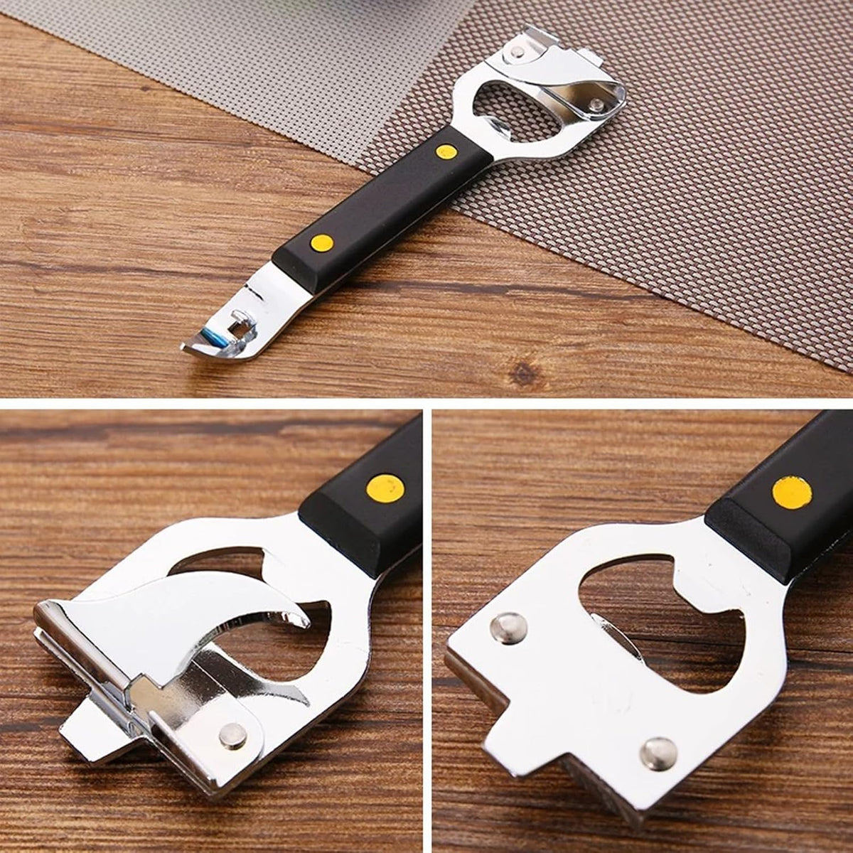 4-in-1 Can Punch Bottle Opener Classic Stainless Steel Manual Can Opener for Liquid with Cap Catcher, Can Tapper Church Key for Camping and Traveling 1 Pack