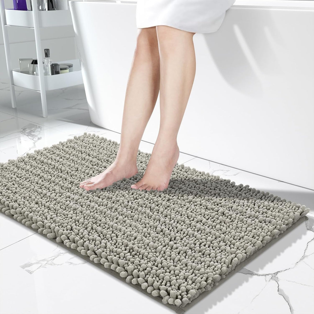 Yimobra Long Bathroom Rugs Non Slip Washable 44x24 Inch - Ultra Soft Absorbent Chenille Bath Mat, Quick Dry Shaggy Floor Carpet for Tub Shower, Sand Home Decor Accessories