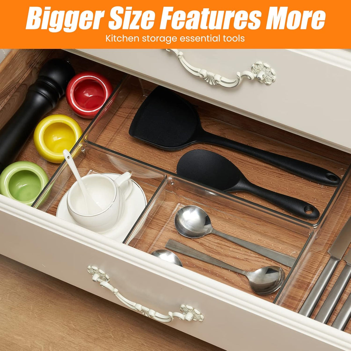 9 Pack Clear Plastic Drawer Organizer Set, Acrylic Non Slip Non Cracking Kitchen Drawer Storage Tray Large Size Divider, Multifunctional Storage for Cosmetics, Bathroom, Tools, Kitchen and Office