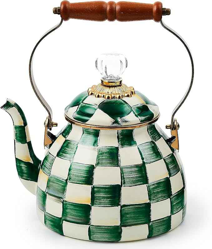 MACKENZIE-CHILDS Enamel Tea Kettle, Stylish Tea Kettle for Stovetop, Green-and-White Emerald Check, 2 Quarts